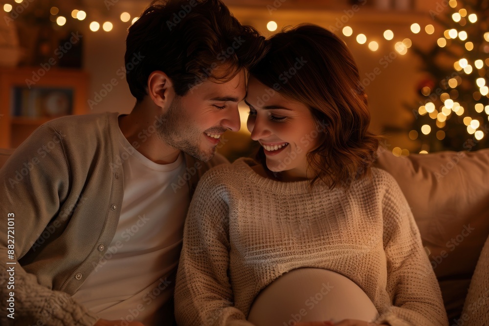 A happy couple lovingly embracing, expecting a baby. Warm, cozy ambiance with soft lighting and festive Christmas decorations in the background. A happy couple lovingly embracing, expecting a baby. Warm, cozy ambiance with soft lighting and festive Christmas decorations in the background.