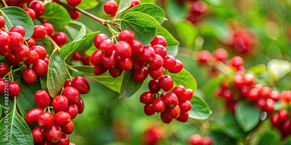 Ripe red berries of forest honeysuckle on a vine , nature, berries, red, ripe, forest, honeysuckle, plant, vibrant, juicy Ripe red berries of forest honeysuckle on a vine , nature, berries, red, ripe, forest, honeysuckle, plant, vibrant, juicy
