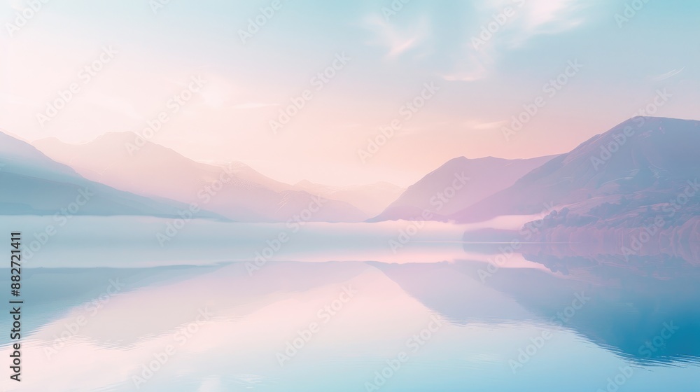 Serene mountain lake on foggy morning with pastel tones minimalist style Serene mountain lake on foggy morning with pastel tones minimalist style