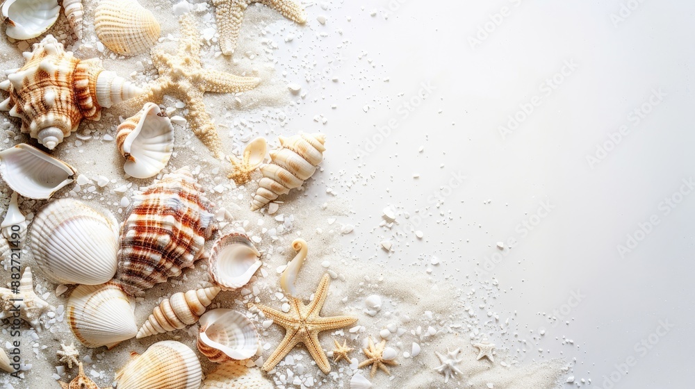 Shells and sand against a white backdrop Shells and sand against a white backdrop