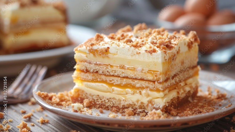 Sliced Napoleon Cake with Custard Cream Crumbs on Plate Closeup of Bakery Dessert Sliced Napoleon Cake with Custard Cream Crumbs on Plate Closeup of Bakery Dessert