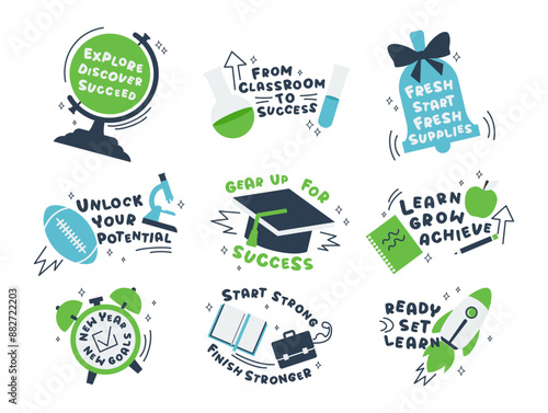 Back to school stickers childish educational motivation phrase emblem set isometric vector