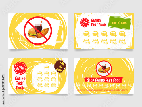 Stop eating fast food tracking card habit tracker design template set vector flat illustration