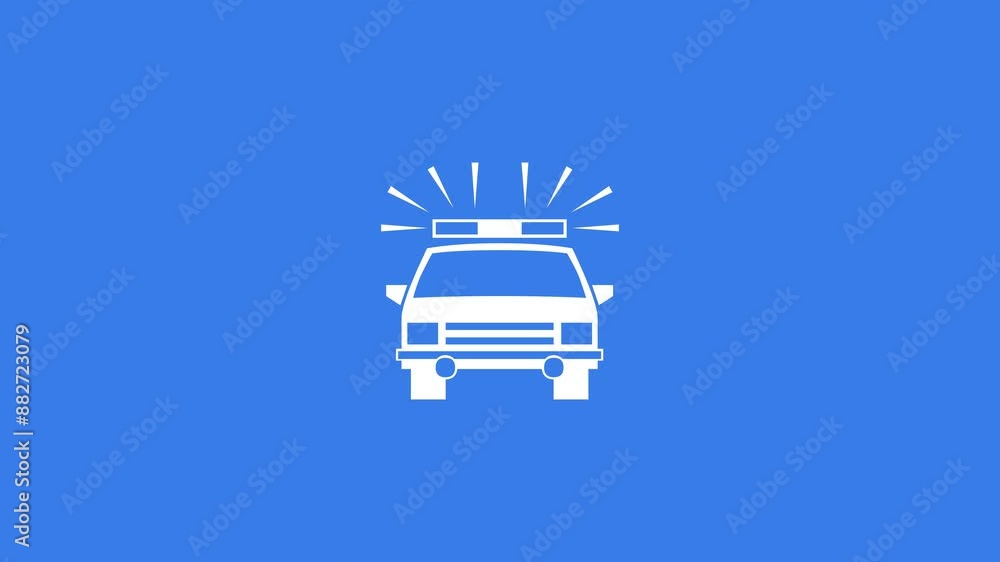 Police car shape icon white color animation on blue background Police car shape icon white color animation on blue background