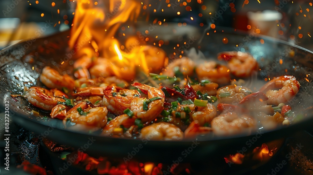 Culinary Spectacle: Wok-Prepared Shrimp and Fresh Produce Culinary Spectacle: Wok-Prepared Shrimp and Fresh Produce