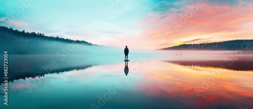 Silhouette of a person standing on a serene lake with a stunning sunset and misty mountains in the background, creating a tranquil atmosphere. © HDP-STUDIO