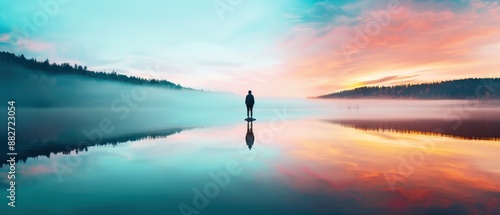 Silhouette of a person standing on a serene lake with a stunning sunset and misty mountains in the background, creating a tranquil atmosphere. photo