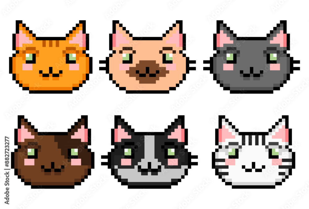 Domestic cat face set. Cute breeds of kittens in pixel art. Vector illustration. Domestic cat face set. Cute breeds of kittens in pixel art. Vector illustration.