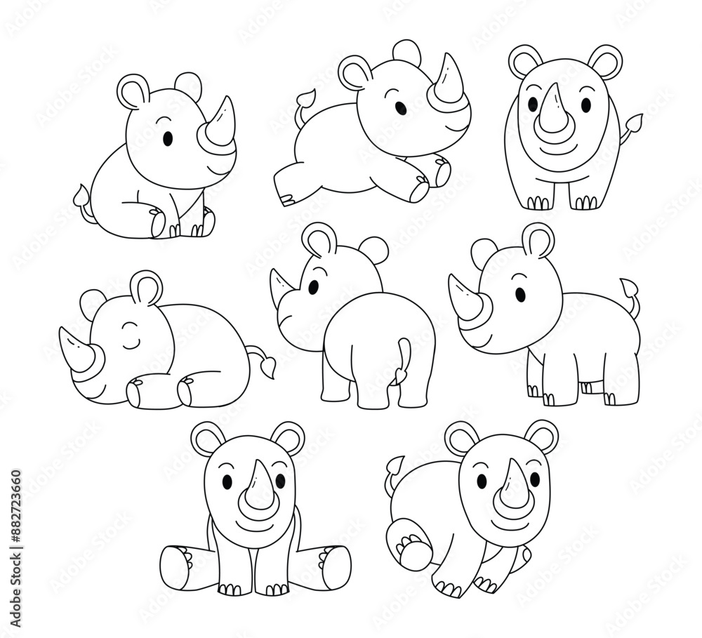Obraz premium Set of Rhino doodle collection, Rhino outline coloring page or book animals for kindergarten, Vector line art set of animals wildlife, Hand drawn, Minimal Rhino line art doodle in different pose.