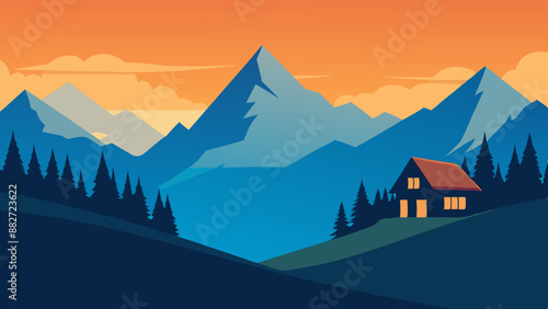 Landscape illustration of a mountainous nature scene with morning sky view