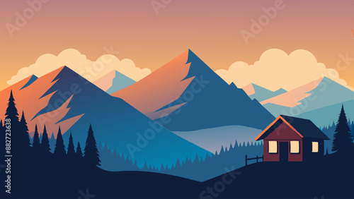 Landscape illustration of a mountainous nature scene with morning sky view