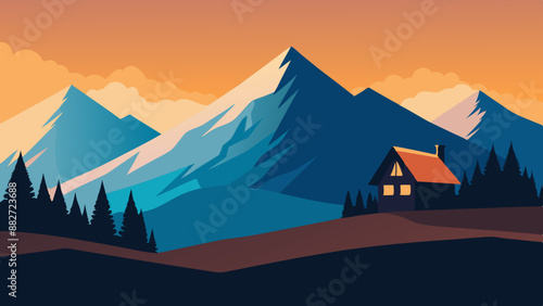 Landscape illustration of a mountainous nature scene with morning sky view