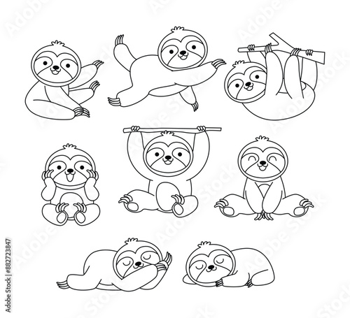 Set of sloth doodle collection, sloth outline coloring page or book animals for kindergarten, Vector line art set of animals wildlife, Hand drawn, Minimal sloth line art doodle in different pose.