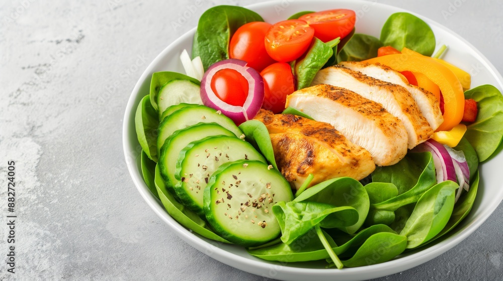 A salad with chicken and vegetables. The salad is full of greens and has a variety of vegetables including tomatoes, cucumbers, and peppers. The chicken is cut into pieces A salad with chicken and vegetables. The salad is full of greens and has a variety of vegetables including tomatoes, cucumbers, and peppers. The chicken is cut into pieces