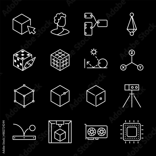 3D modeling, white line icons. Comprehensive tools for creating, sculpting, and rendering 3D models. Includes 3D printers and accessories. Symbols on black background. Editable stroke.