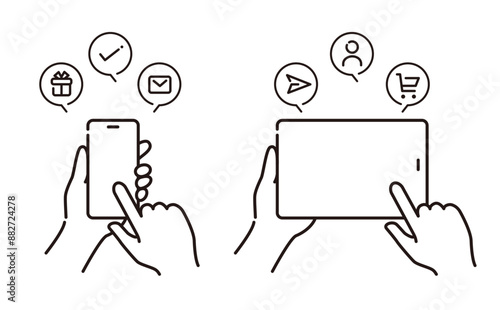 キャッシュレス、アプリ、メール送信の説明に使える スマートフォン・タブレットをタッチするイラスト素材