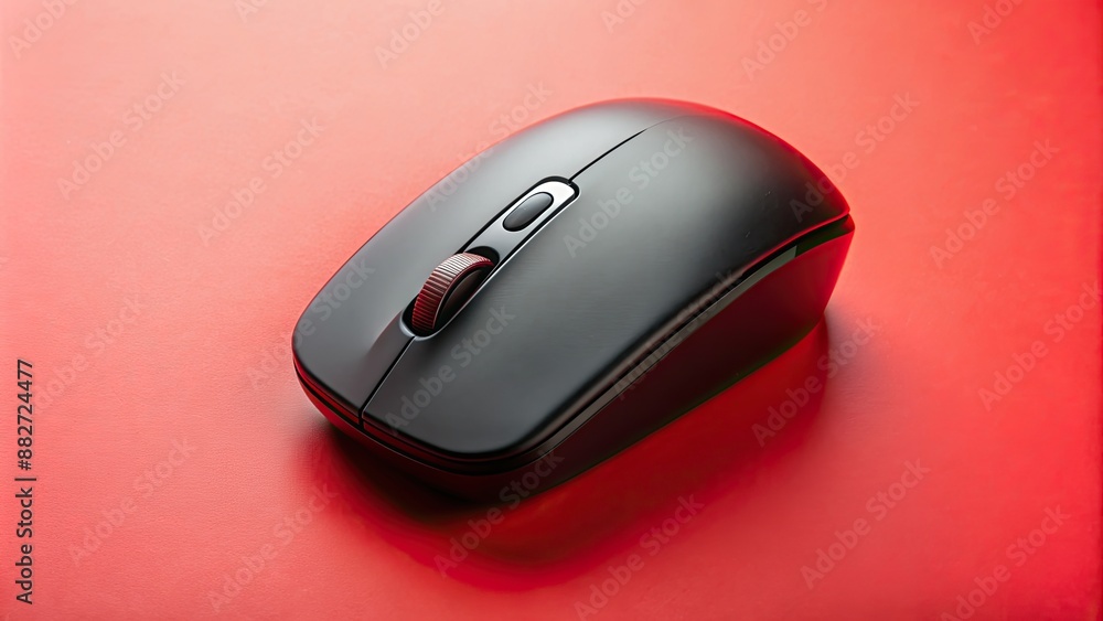 Modern black wireless mouse on a light red background, technology, electronics, computer accessory, wireless, mouse Modern black wireless mouse on a light red background, technology, electronics, computer accessory, wireless, mouse