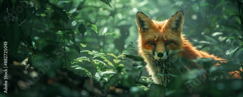 A sly fox sneaking through the undergrowth of a dense forest, its eyes gleaming in the shadows, its movements swift and silent. photo