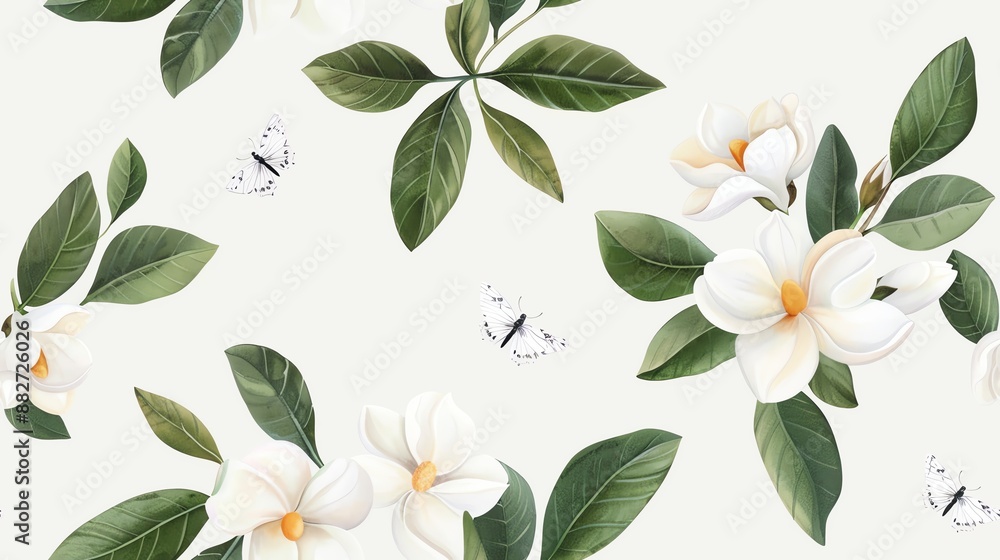 Elegant floral arrangement of white flowers and green leaves with butterflies on a white background. Elegant floral arrangement of white flowers and green leaves with butterflies on a white background.
