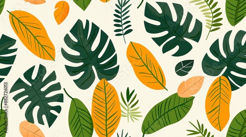 Colorful tropical leaf pattern with green and orange elements on a light background, perfect for modern wallpapers and design projects.