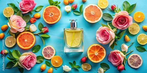 Fototapeta Naklejka Na Ścianę i Meble -  Perfume bottle surrounded by citrus fruits and roses on a blue background, top view , perfume, citrus, roses, fragrance