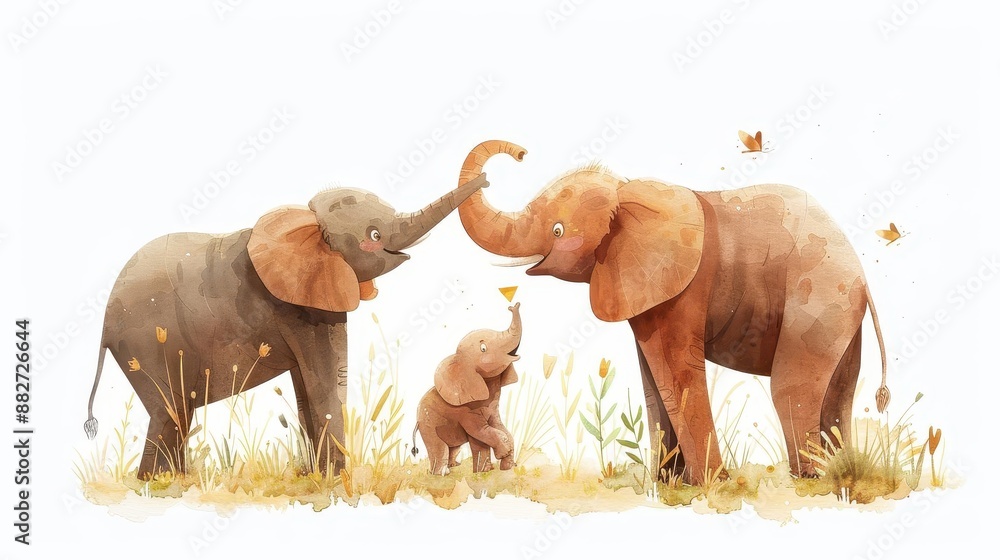 Fototapeta Watercolor illustration of an elephant family with a mother, father and baby in a field.