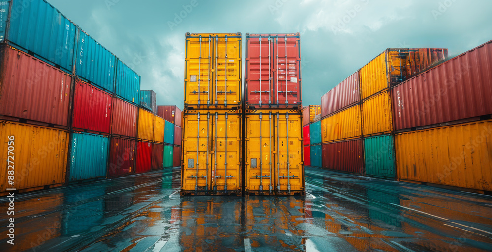 Fototapeta premium Logistics import export goods of technology freight global, Process of handling, Cargo container vessel, ship carrying container, sea freight by Express Ship 