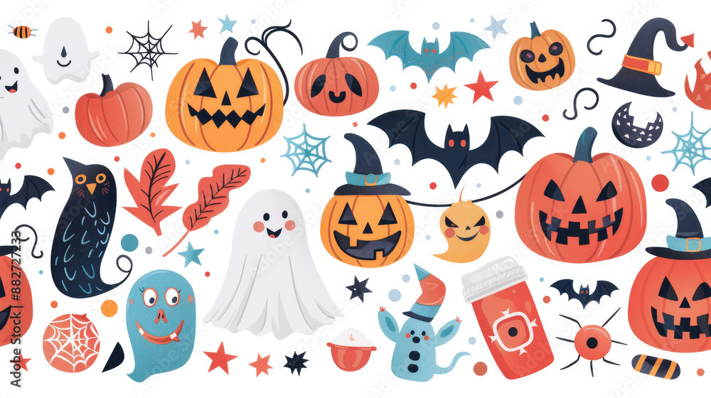 Colorful Halloween Pattern with Pumpkins, Ghosts, Bats, and Spooky Elements for Festive Decorations Colorful Halloween Pattern with Pumpkins, Ghosts, Bats, and Spooky Elements for Festive Decorations