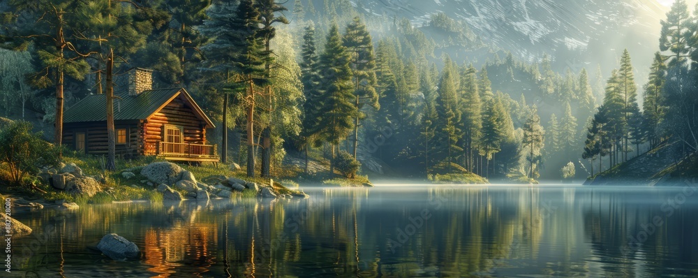 Fototapeta premium Tranquil lakeside cabin surrounded by towering pine trees, 4K hyperrealistic photo