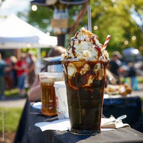 Iced Coffee With Whipped Cream and Chocolate Drizzle at an Outdoor Market