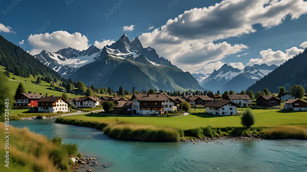Swiss landscape with river stream and houses, mountain, blue water, white cloudy royal blue sky, photography 8k full ultra hd Swiss landscape with river stream and houses, mountain, blue water, white cloudy royal blue sky, photography 8k full ultra hd