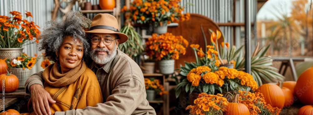 Obraz premium Senior black farmer couple with autumn pumpkin. African american older people near garden. Happy mature family with Thanksgiving or Halloween fall vegetables and flowers. Adults in gardening backyard