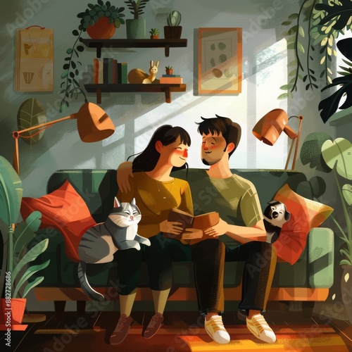Couple Reading Together on a Sunny Afternoon in a Cozy Living Room