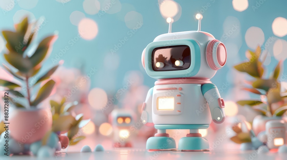 Fototapeta premium Cute cartoon robot with pastel colors and bokeh background.