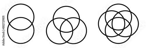 overlapping circles vector drawing, version with three to seven objects, also interlocked rounds style. Vector illustration in eps 10.