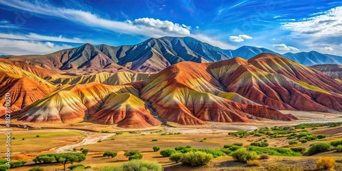 Desert landscape of Gareji with colorful mountains and red hills photo