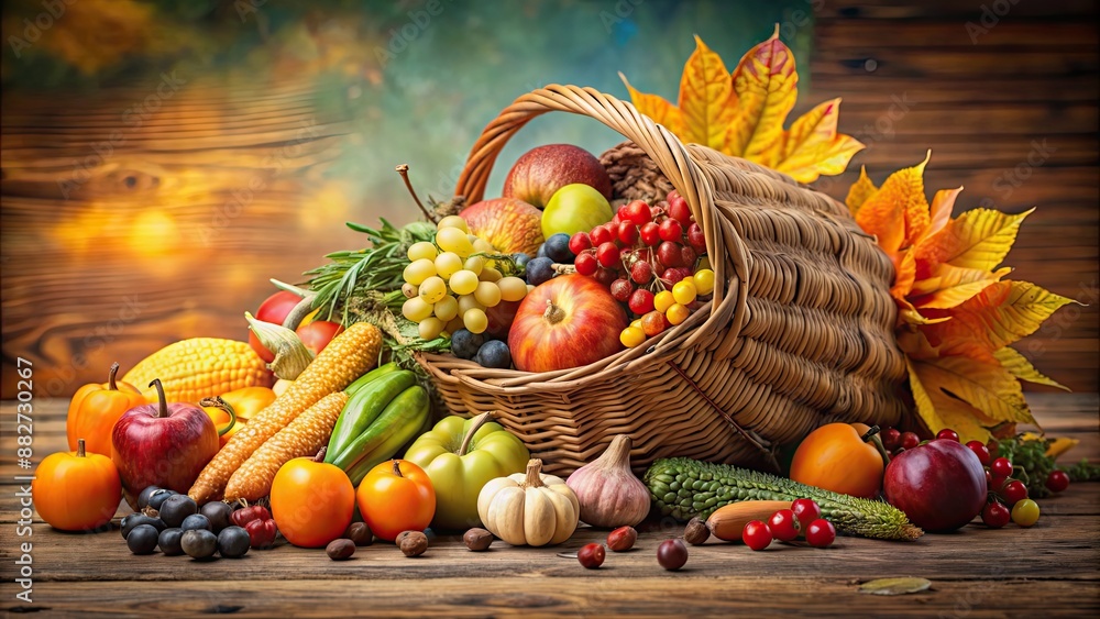 Overflowing cornucopia filled with fresh fruits, vegetables Overflowing cornucopia filled with fresh fruits, vegetables