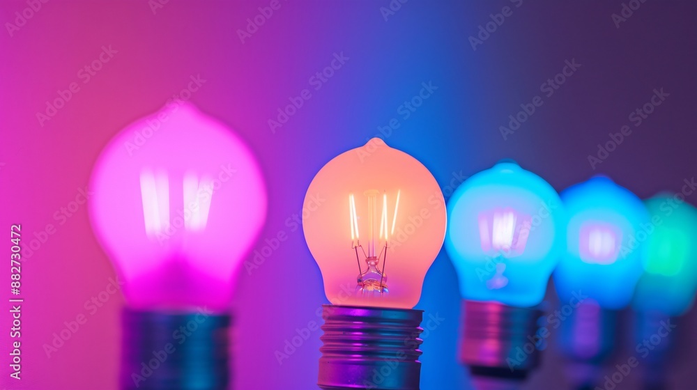 Smart lighting system with colorful LED bulbs, against a dark purple background Smart lighting system with colorful LED bulbs, against a dark purple background