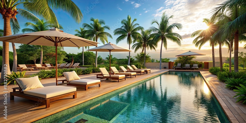 Fototapeta premium Luxurious poolside area in a tropical resort , resort, pool, luxury, vacation, relaxation, travel, tropical