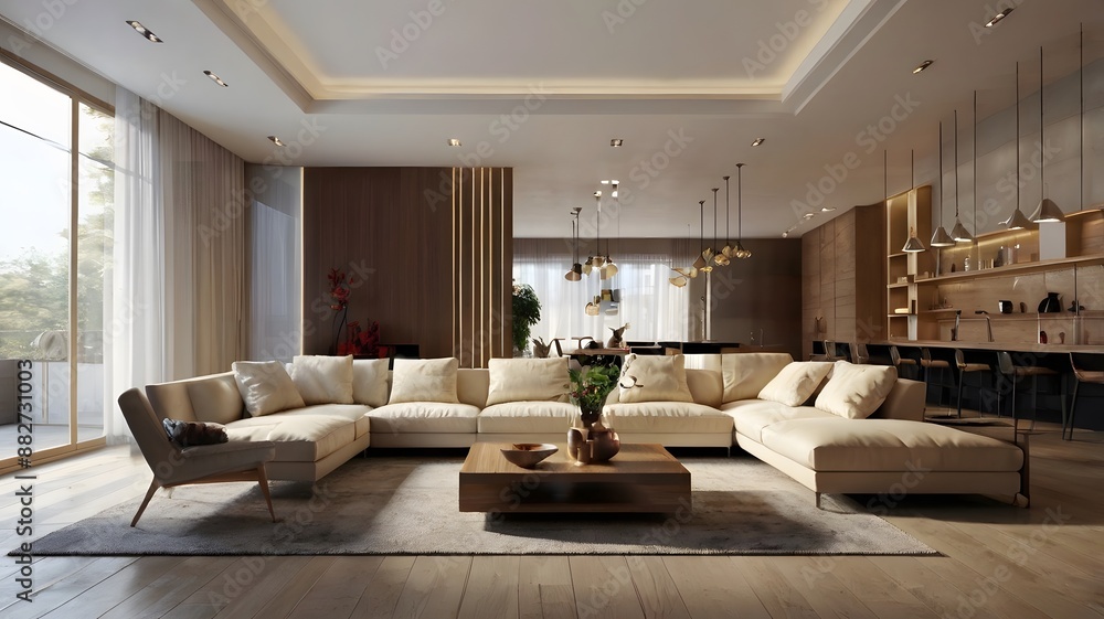 Fototapeta premium Modern Living Room Interior Design With Sectional Sofa and Kitchen Countertop