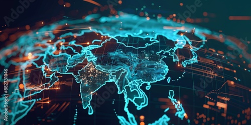 Digital World Map with Glow  Asia Highlighted