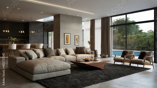 Modern Living Room Interior Design With Sectional Sofa and Kitchen Countertop