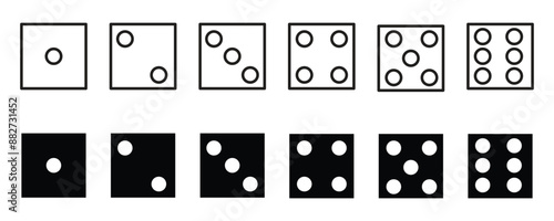 Icons of the six sides of the game dice. Vector illustration with background. 123.