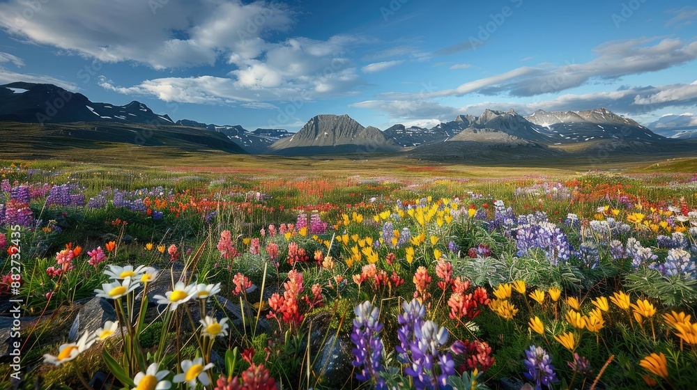Fototapeta premium Arctic tundra with colorful wildflowers and distant mountains, highlighting unique ecosystems