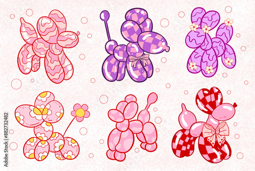 Preppy Balloon Dog Clipart, Coquette Balloon Animal Clipart, Party, Y2K Room Decor, retro balloon dog, Coquette clipart , coquette bow, bubble dog clipart