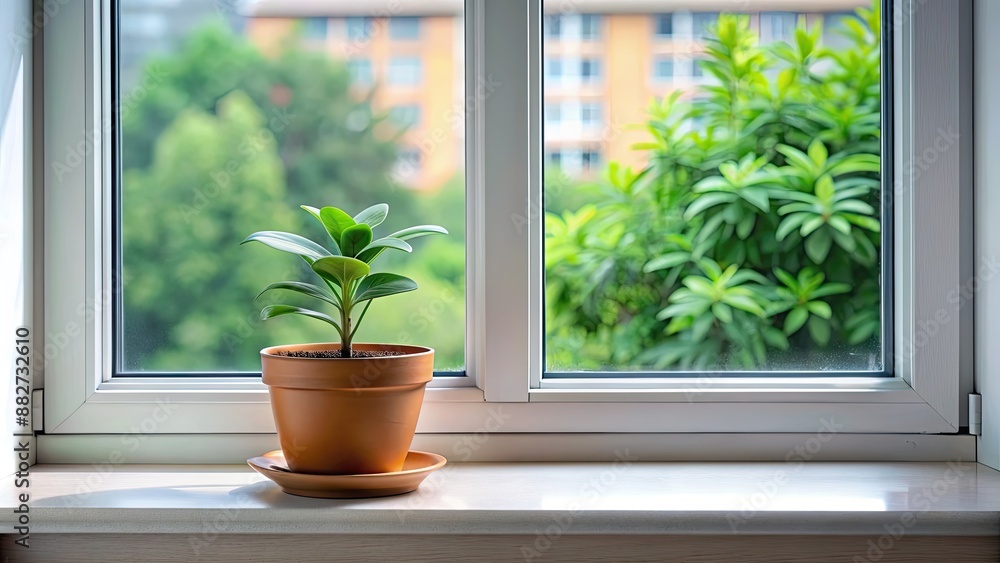 Plant in pot sitting on a window sill , greenery, houseplant, home decor, plant care, indoor gardening, potted plant Plant in pot sitting on a window sill , greenery, houseplant, home decor, plant care, indoor gardening, potted plant