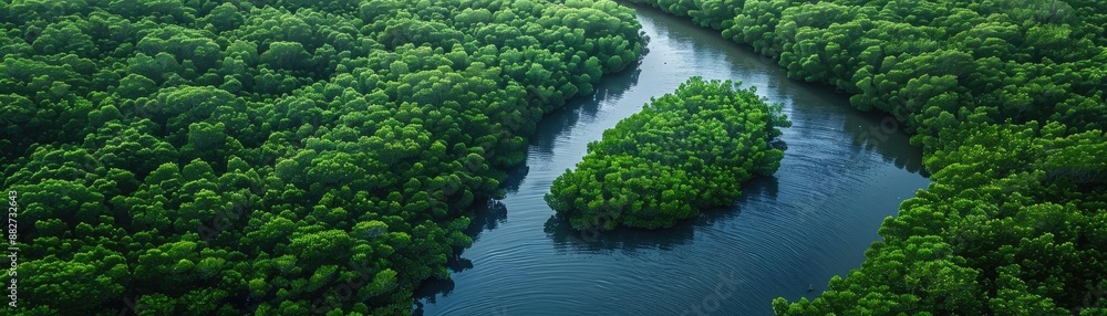 Dense mangrove forest with winding waterways, representing unique ecosystems Dense mangrove forest with winding waterways, representing unique ecosystems