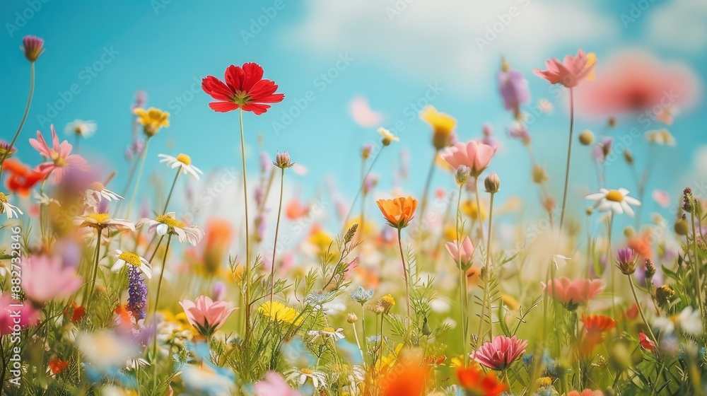 Field of wildflowers in full bloom under a clear blue sky, showcasing seasonal beauty Field of wildflowers in full bloom under a clear blue sky, showcasing seasonal beauty