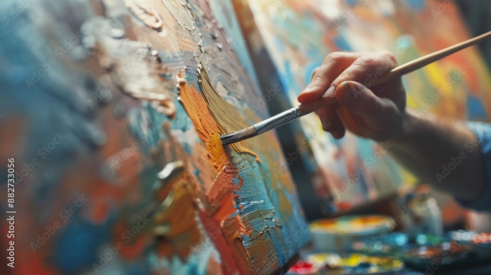 Close-Up of Hands Painting on Canvas for Creative and Leisure Activities Close-Up of Hands Painting on Canvas for Creative and Leisure Activities