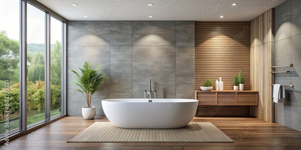 Fototapeta premium Modern bathroom with sleek freestanding tub , luxury, interior design, contemporary, spacious, relaxation, elegance